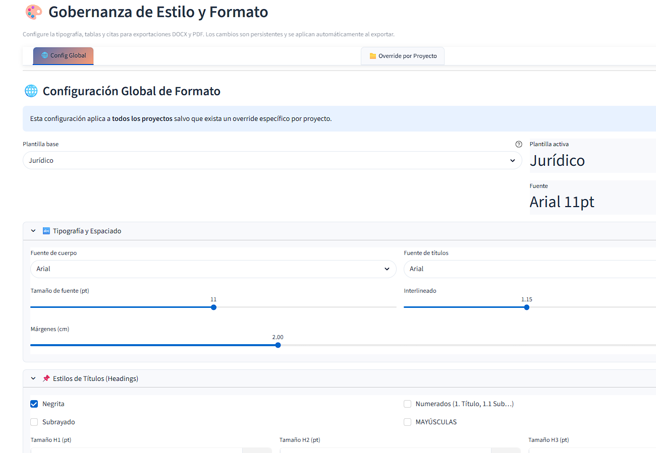Panel de configuración de estilo y formato para exportación con opciones de tipografía e interlineado